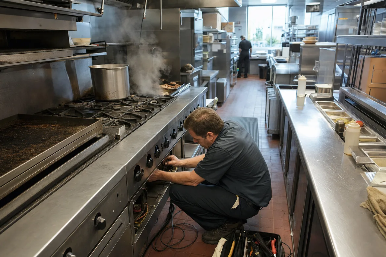 A stainless commercial kitchen line in a Bergen County kitchen