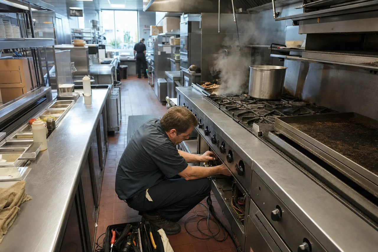A stainless commercial kitchen line in a Bergen County kitchen