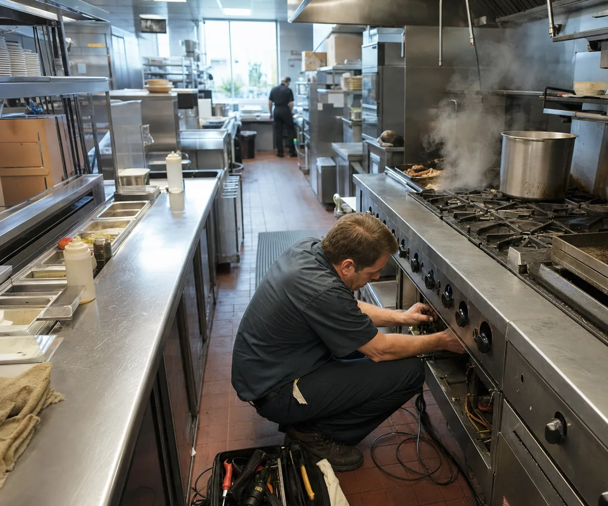 A stainless commercial kitchen line mid-repair
