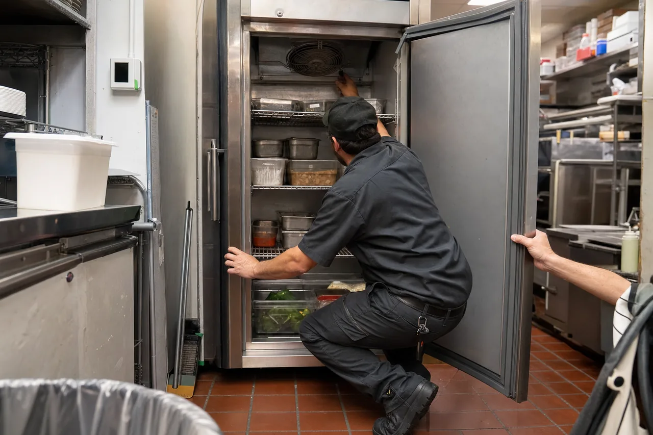 A commercial restaurant kitchen in Paramus with stainless-steel cooking and refrigeration equipment