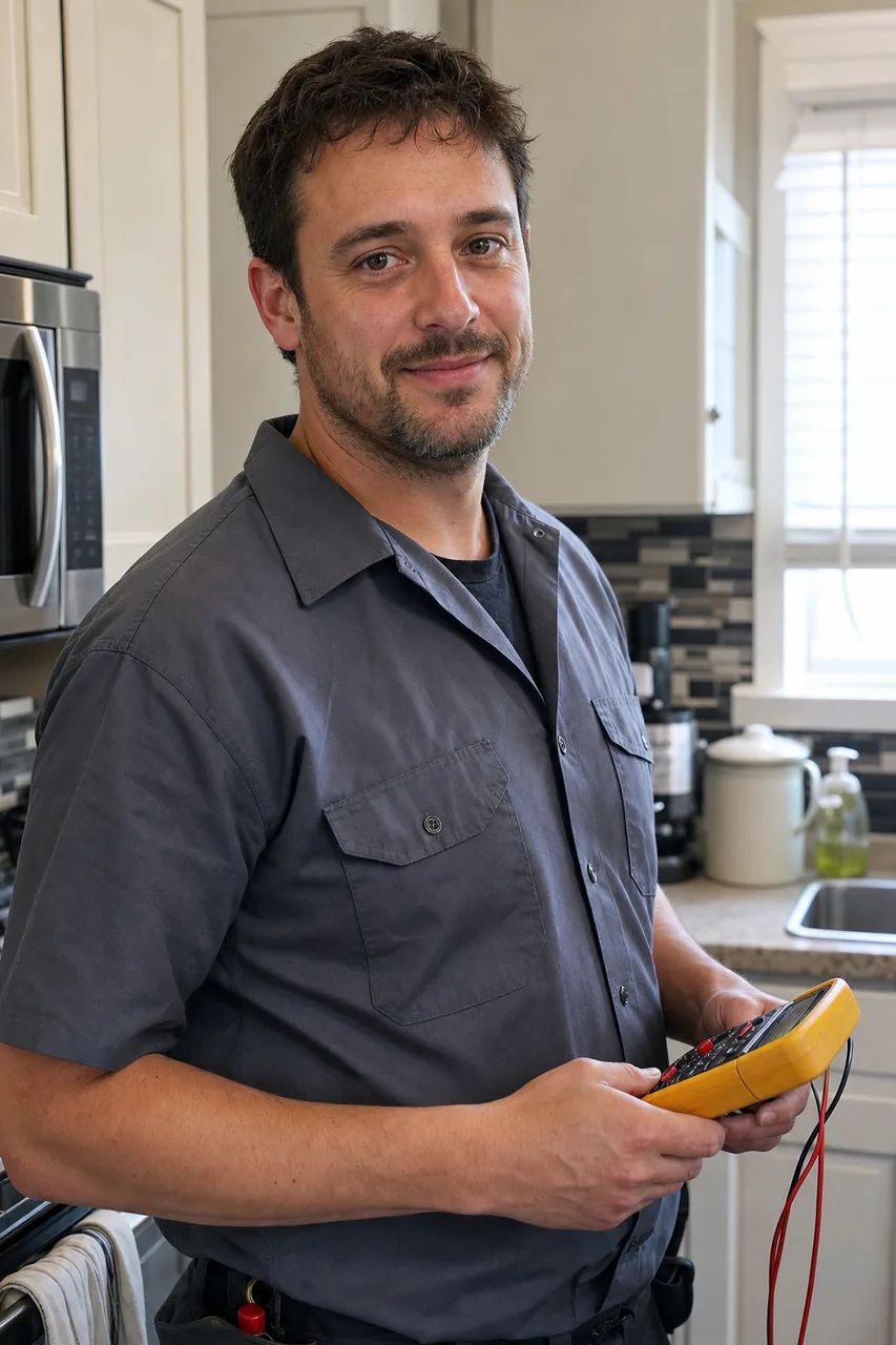 A commercial appliance repair technician holding a multimeter in a restaurant kitchen