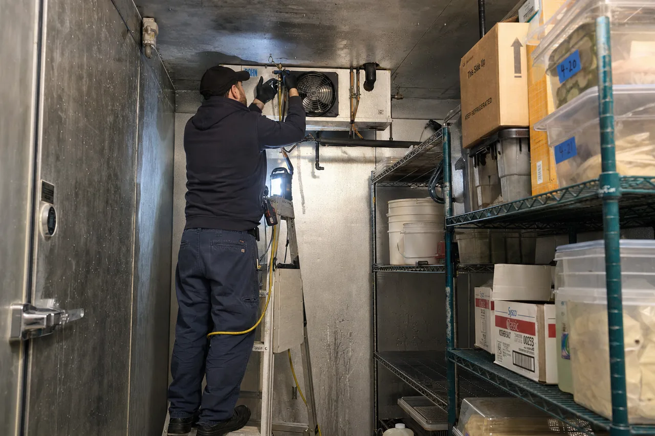 Technician servicing a walk-in cooler